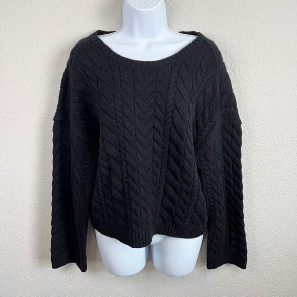 New J. Crew Cable Knit Sweater Women's S Black Tie Back Wool Blend Boxy Relaxed - Picture 2 of 7